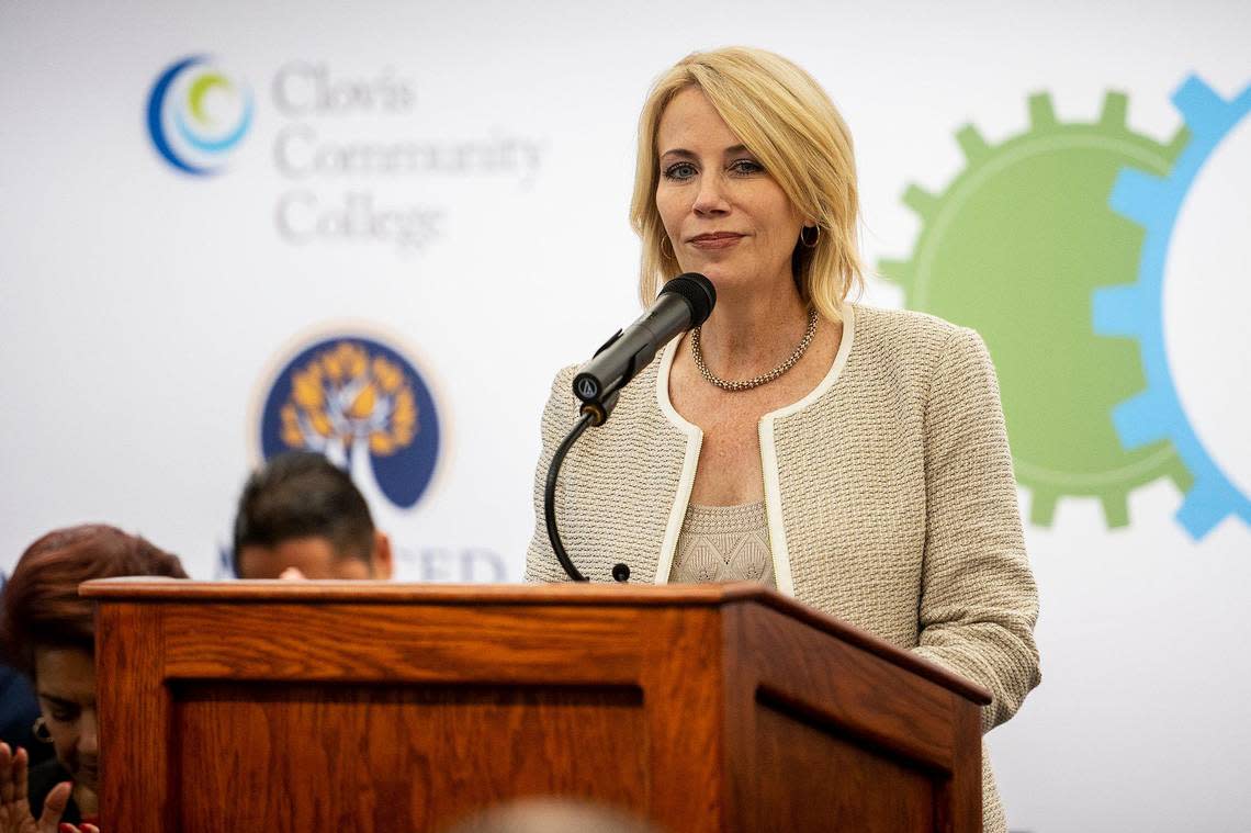 Central Valley Community Foundation CEO Ashley Swearengin, speaks during a news conference to announce a new Agrifood Technology and Engineering Collaborative, on the Merced College campus in Merced, Calif., on Tuesday, Sept. 6, 2022. According to the college, the initiative is expected to advance the San Joaquin Valley’s agriculture industry with advancements in technology and engineering as well as education and workforce training.