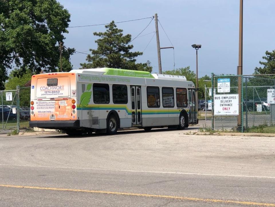 A Transit Windsor bus heading into the service's garage. Transit Windsor is adding an express route to its network on Monday.