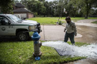 Kristina Watson, a Lake Jackson water waste operator flushes water out from a fire hydrant on Monday, Sept. 28, 2020, in Lake Jackson, Texas. Texas Gov. Greg Abbott issued a disaster declaration on Sunday after a brain-eating amoeba was discovered in the water supply for Lake Jackson, Texas. The disaster declaration extends across Brazoria County, where Lake Jackson is located.The disaster declaration comes after the death of a 6-year-old boy who was infected by a brain-eating amoeba. (Marie D. De Jesús/Houston Chronicle via AP)