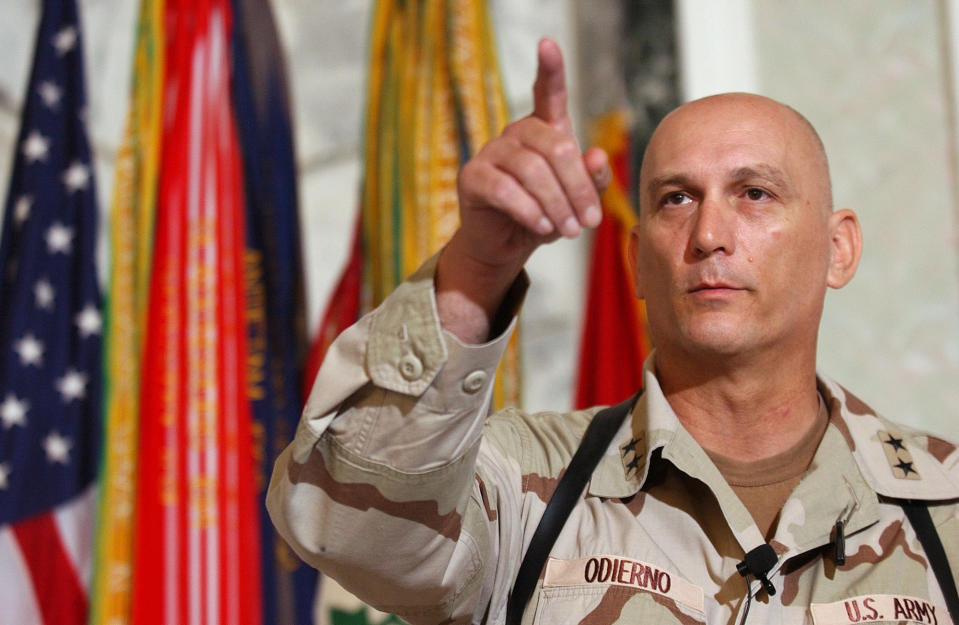 FILE - In this Aug. 7, 2003 file photo, Major General Raymond Odierno, commander of the U.S. Army Fourth Infantry Division gestures during a news conference in Tikrit, about 180 kms. (112 miles) northwest of Baghdad, Iraq. Odierno, a retired Army general who commanded American and coalition forces in Iraq at the height of the war and capped a 39-year career by serving as the Army's chief of staff, has died, his family said Saturday, Oct. 9, 2021. He was 67. (AP Photo/Dario Lopez-Mills, File)