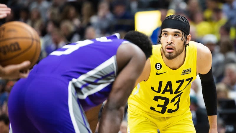Utah Jazz guard Johnny Juzang prepares for a jump ball during a game against the Sacramento Kings at Vivint Arena in Salt Lake City on March 20, 2023.