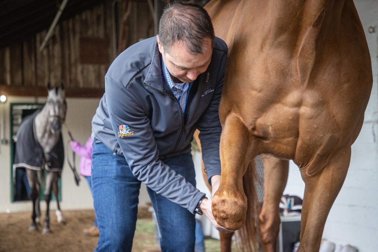 Churchill Downs' equine medical director, Dr. William Farmer, looks over thoroughbred Curlin Lane following track workouts Monday morning. April 22, 2022