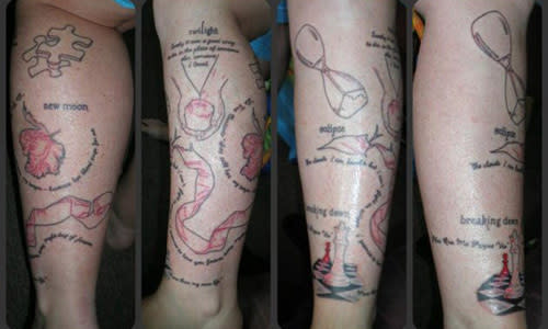 <p>Yes, this is someone's legs. And yes, they are covered in images and quotes from the 'Twilight Saga' books. The tattoo features quotes from the four books, including Jacob's "The clouds I can handle. But I can't fight with an eclipse" and Bella's "Surely it was a good way to die, in the place of someone else, someone I loved".<br><br><a rel="nofollow" href="http://au.thehype.yahoo.com/galleries/g/-/11216895/stars-release-their-inner-animal/11216899/" data-ylk="slk:PICS: Stars Release Their Inner Animal;elm:context_link;itc:0;sec:content-canvas" class="link ">PICS: Stars Release Their Inner Animal</a></p>