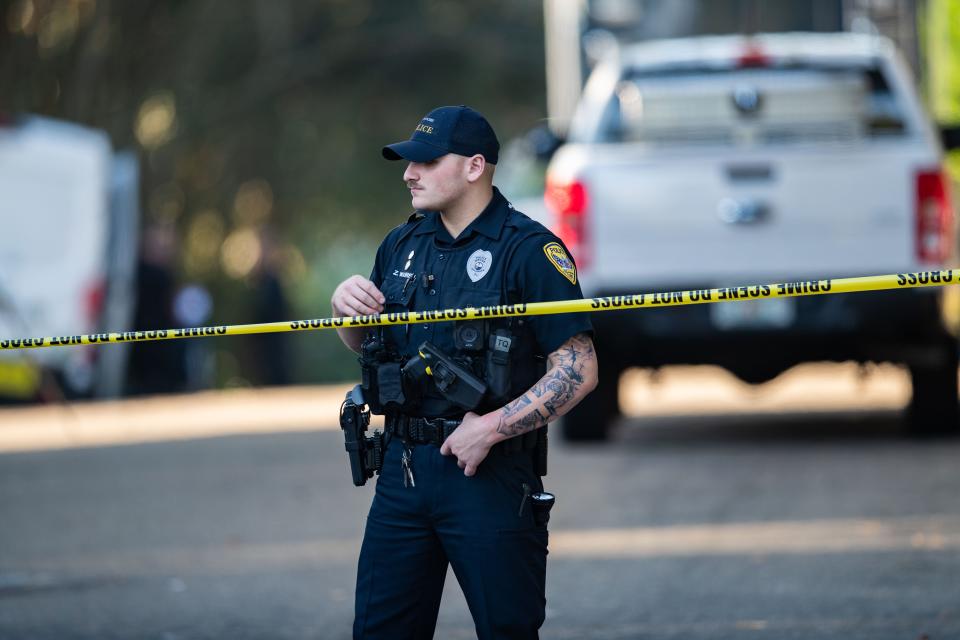 The Tallahassee Police Department investigates the scene of a home invasion that took place at the Villas of Westridge early Monday morning, Sept. 25, 2023. An officer was shot at the scene. They have received medical attention and are in stable condition.