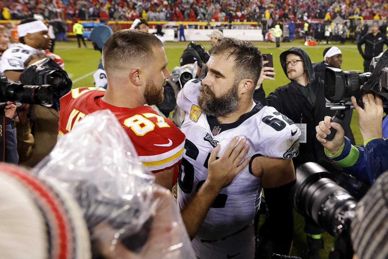 Travis Kelce and Jason Kelce after their game in 2023. (David Eulitt / Getty Images)