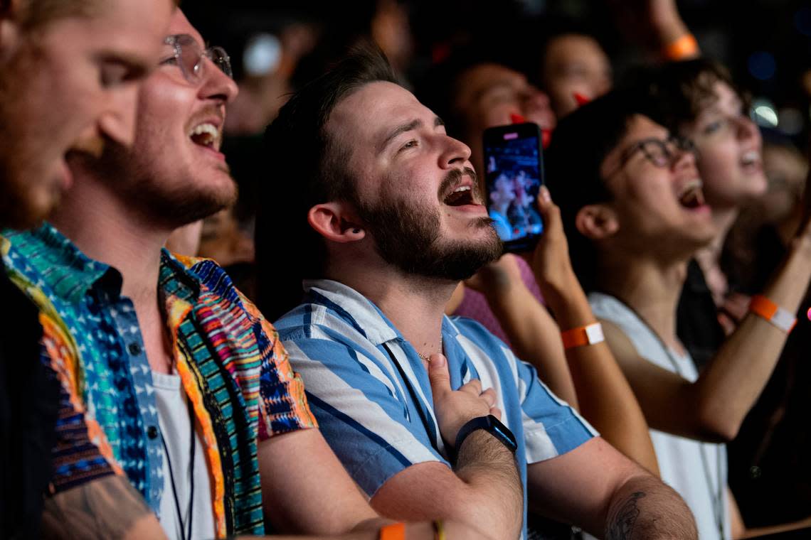 Fans sing along with Sam Smith in concert on the “Gloria” tour, Tuesday night, Aug. 1, 2023 in Raleigh, N.C.