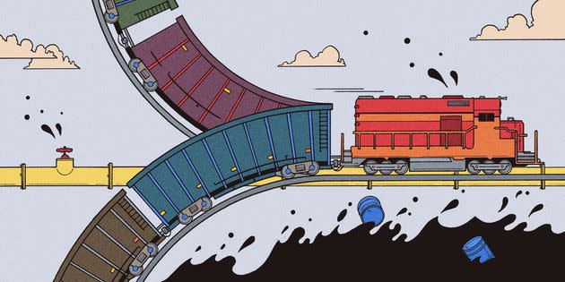 A railroad megamerger could create a new route for shipping crude oil from Canada into the U.S. (Photo: Illustration: Kyle Ellingson For HuffPost)