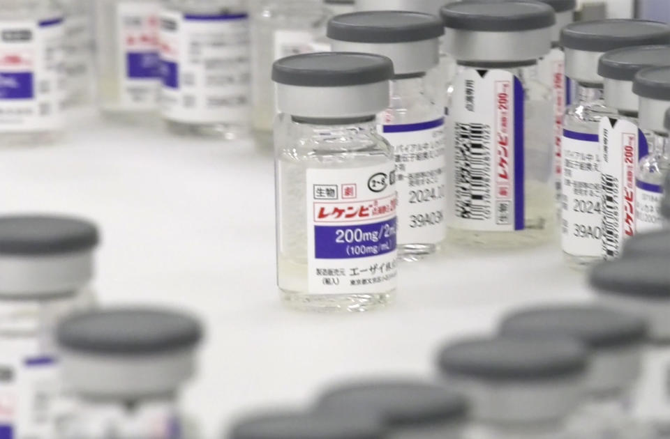 This undated image made from video provided by Eisai Co., Ltd., shows Leqembi, a drug for Alzheimer’s decease that was jointly developed by Japanese and U.S. pharmaceutical companies, at Eisai's Kawashima plant in Kakamigahara city, Gifu Prefecture, central Japan. Japan's health ministry has approved Leqembi, the first drug for the treatment of the disease in a country with a rapidly aging population. Leqembi was developed by Japanese drugmaker Eisai and U.S. biotechnology firm Biogen. (Eisai Co., Ltd. via AP)