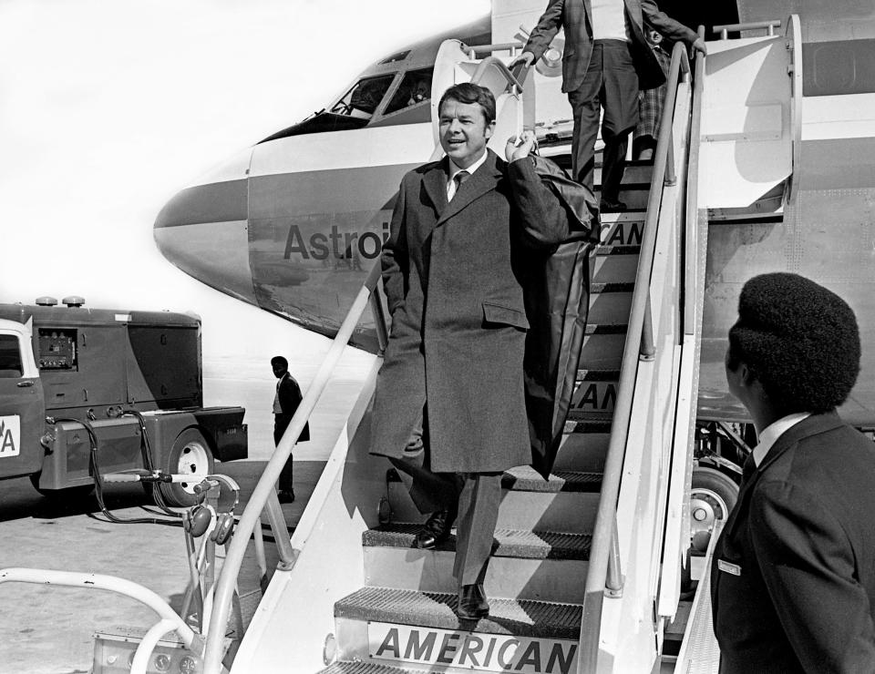 Actor Audie Murphy, the country's most decorated soldier of World War II, walks off the plane after arriving at Nashville Municipal Airport March 4, 1971. The Western movie star is in town to be part of the seventh annual Cerebral Palsy Telethon at the Municipal Auditorium.