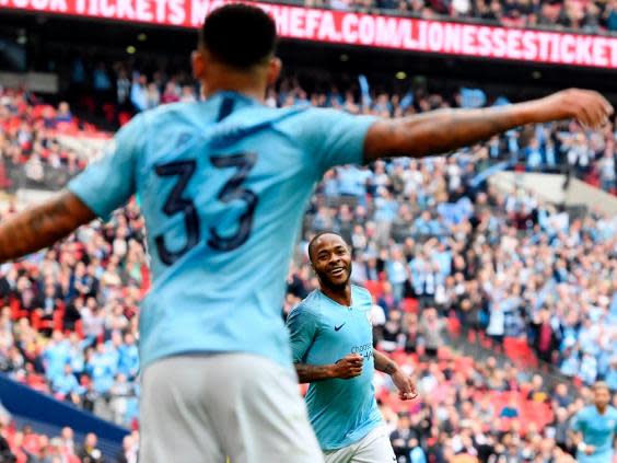 Raheem Sterling goes to celebrate with Gabriel Jesus (EPA)