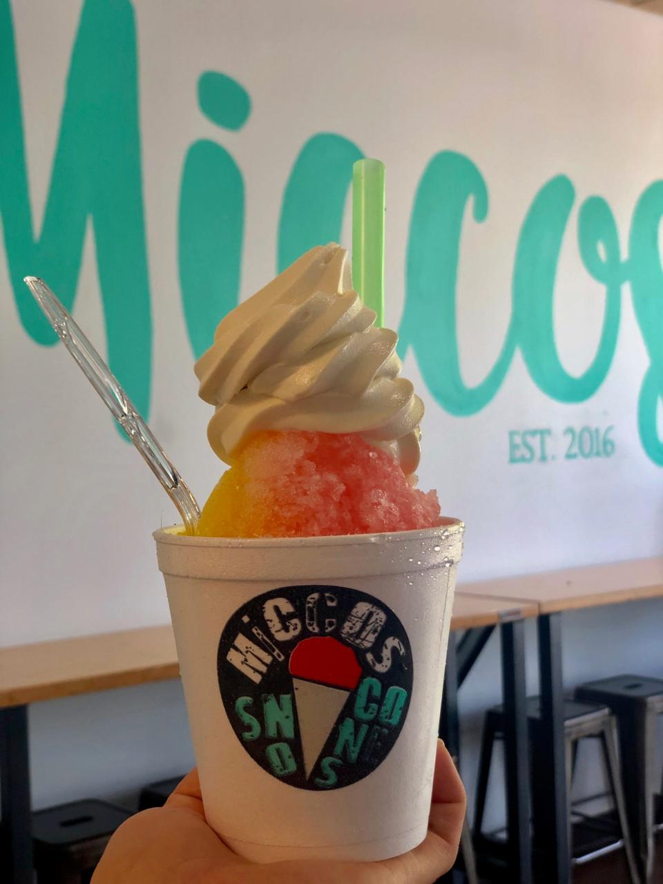 To add soft serve ice cream to your sno cone at Miccos, ask for it "Miccod."