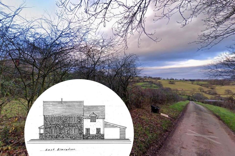 The site, to the left of a minor borderland road (from Google Street View) and illustration of the planned new farmhouse <i>(Image: Google Street View)</i>