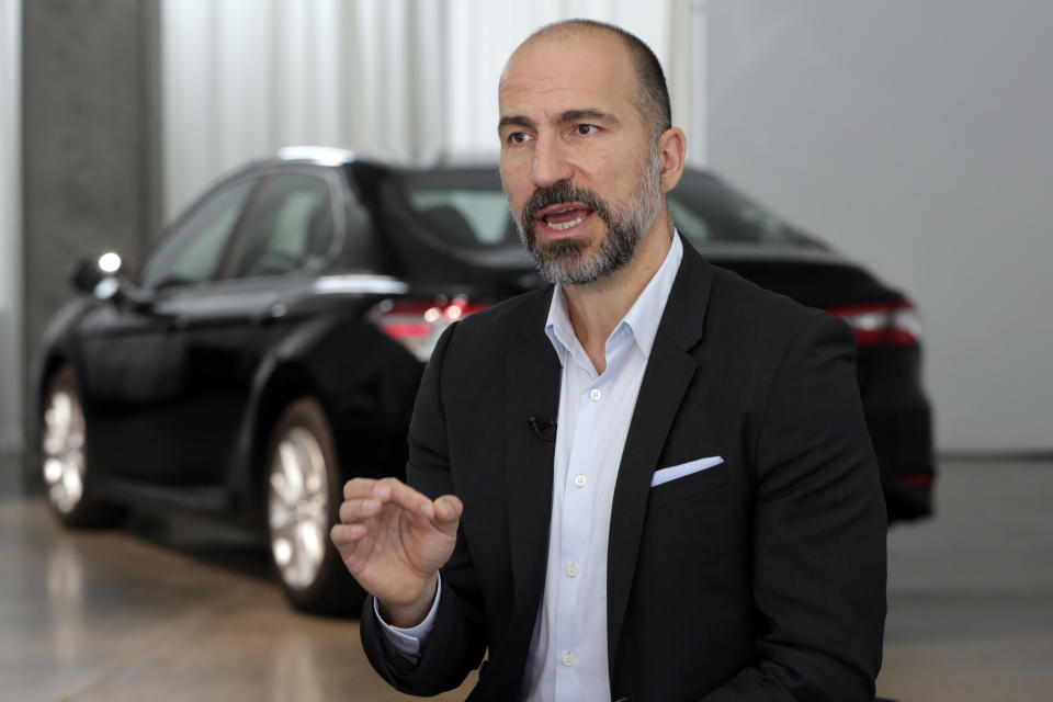 Uber CEO Dara Khosrowshahi speaks during an interview after the company unveiled new features in New York, Wednesday, Sept. 5, 2018. Uber is aiming to boost driver and passenger safety in an effort to rebuild trust in the brand. (AP Photo/Richard Drew)