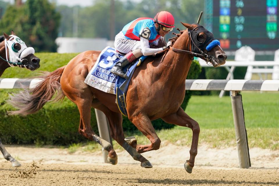 Arabian Lion, ridden jockey John Velazquez and trained by Bob Baffert, wins The Woody Stephens horse race ahead of the Belmont Stakes, Saturday, June 10, 2023, at Belmont Park in Elmont, N.Y