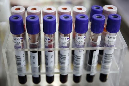 Vials of blood samples are seen during a blood donation drive for medical staff at a hospital in Fuzhou, Fujian province, January 27, 2015. REUTERS/Stringer