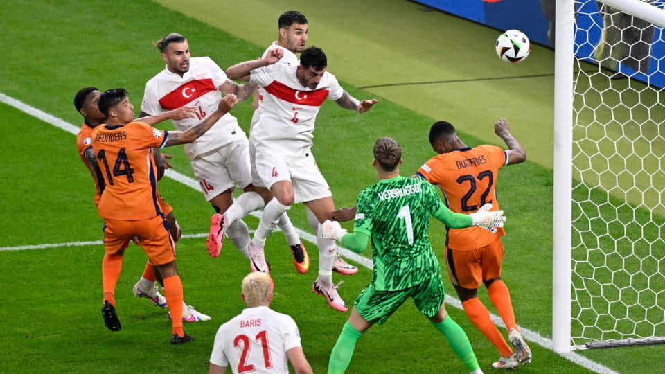 Akaydin (No. 4) scores for Turkey against the Netherlands. - Fabian Bimmer/Reuters