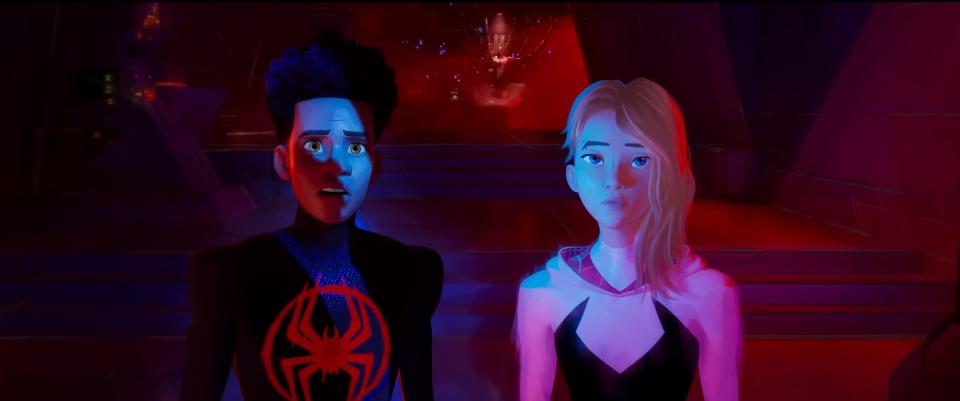 Miles Morales/Spider-Man (voiced by Shameik Moore) and Gwen Stacy/Spider-Woman (voiced by Hailee Steinfeld) in "Spider-Man: Across the Spider-Verse."