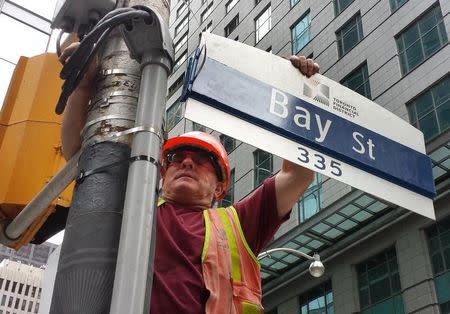 A worker affixes a road sign to the intersection of Bay Street and Adelaide Street in the financial sector of Toronto