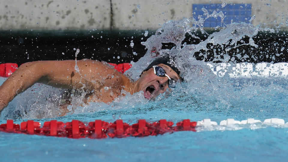 FILE - In this April 9, 2021, file photo, Ryan Lochte competes in the men's 200-meter final at the TYR Pro Swim Series swim meet in Mission Viejo, Calif. Lochte, the swimmer who embarrassed himself and the U.S. five years ago in Rio de Janeiro, is seeking to make a record-tying Olympic team. (AP Photo/Ashley Landis, Fole)