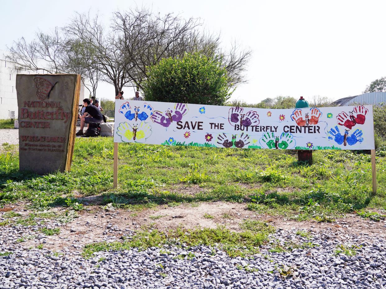 Border wall protesters shout during a protest march at the National Butterfly Center wildlife preserve near the Rio Grande River in Mission, Texas, U.S., February 16, 2019