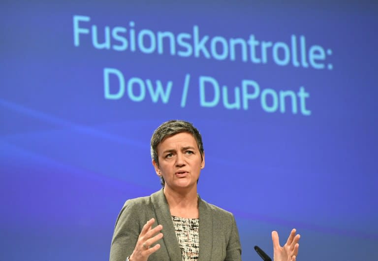 European Competition Commissioner Margrethe Vestager addresses a press conference on the merger between Dow Chemical and DuPont in Brussels on March 27, 2017