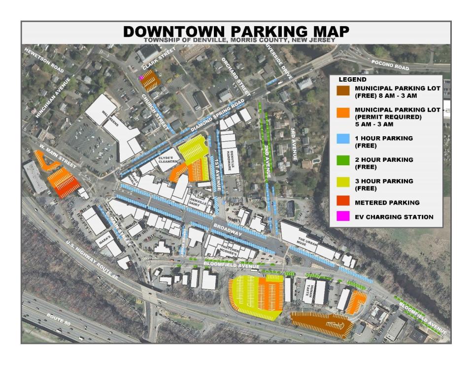 A map showing areas of restricted public parking in Denville. Parking enforcement will be operated starting May 26 using automated license plate readers.