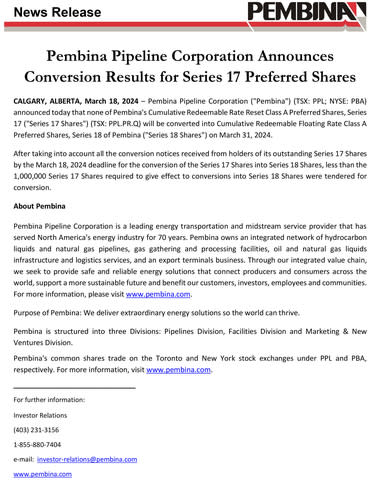 Pembina Pipeline Corporation Announces Conversion Results for Series 17 Preferred Shares