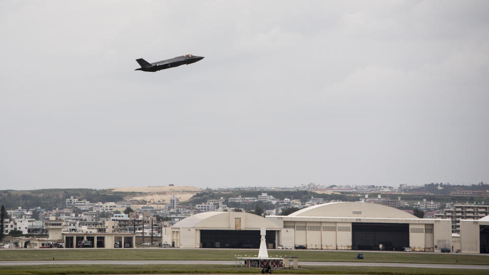 In this Nov. 16, 2017 photo made available by the U.S. Air Force, a fighter plane takes-off from Kadena Air Base, Japan. The Defense Department has been figuring out how to provide help and justice when the children of service members sexually assault each other on military bases since Congress required reforms in 2018. Those reforms are starting to rollout, but as one current case at Kadena shows, that rollout has been uneven. (Airman 1st Class Greg Erwin/U.S. Air Force via AP)