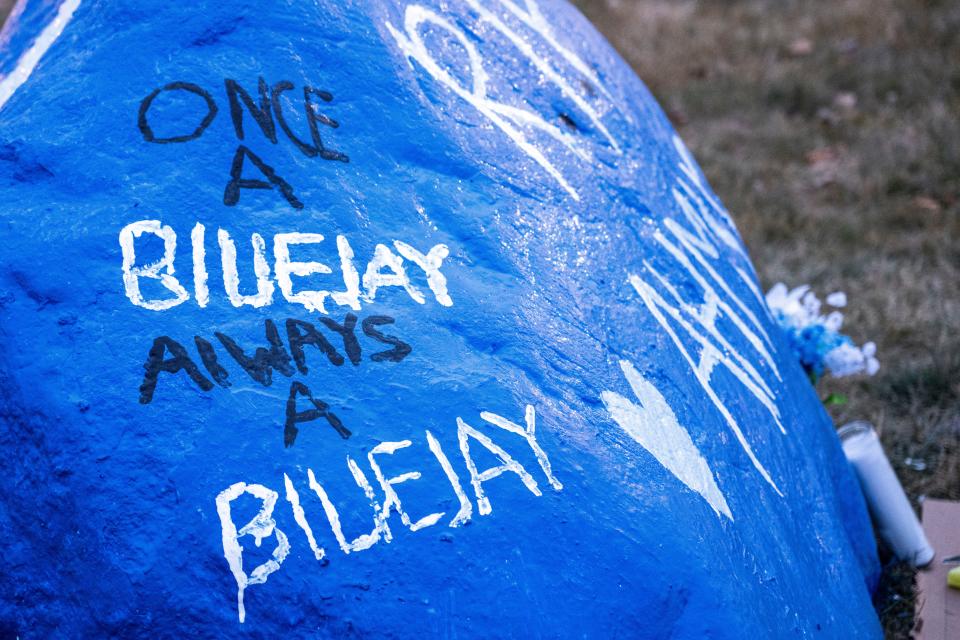A rock is painted to memorialize victims of the Thursday morning shooting at Perry High School on Saturday, Jan. 6, 2024, in Perry.