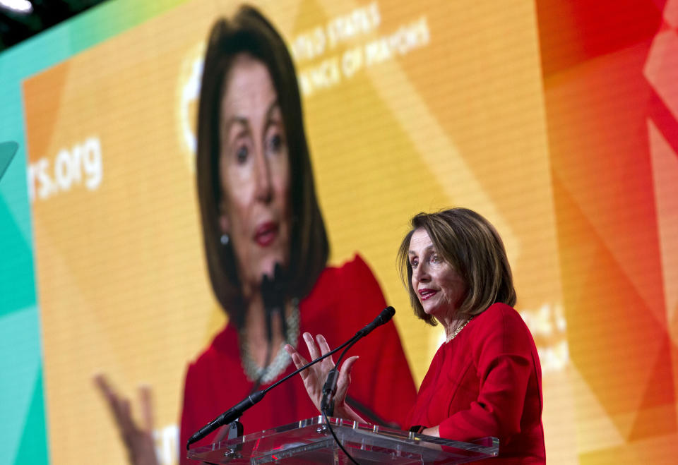 House Speaker Nancy Pelosi, D-Calif., speaks during the U.S. Conference of Mayors winter meeting in Washington, Wednesday, Jan. 23, 2019. (AP Photo/Jose Luis Magana)