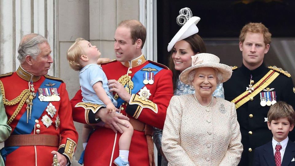 Mandatory Credit: Photo by Tim Rooke/REX Shutterstock (2735684by) Prince Charles, Prince William, Prince George, Catherine Duchess of Cambridge, Queen Elizabeth II, Prince Harry and James Viscount Severn Trooping the Colour ceremony, London, Britain - 13 Jun 2015