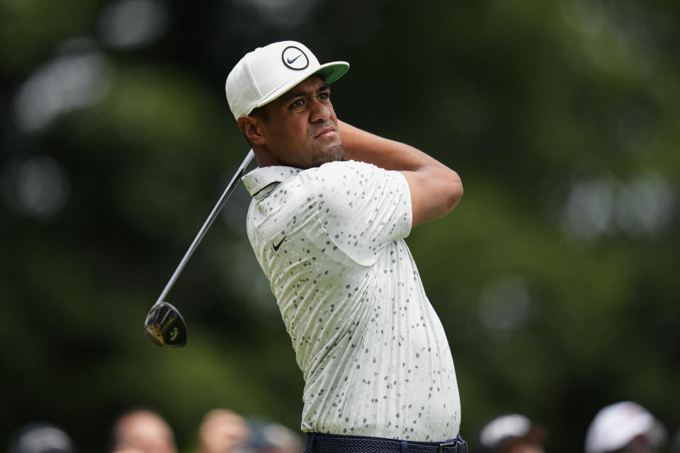 Tony Finau tees off on the first hole during the first round of the Travelers Championship golf tournament at TPC River Highlands, Thursday, June 22, 2023, in Cromwell, Conn. (AP Photo/Frank Franklin II)