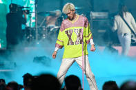 <p>Machine Gun Kelly performed onstage after the final round of the 2021 NFL Draft at the Great Lakes Science Center in Cleveland, Ohio.</p>