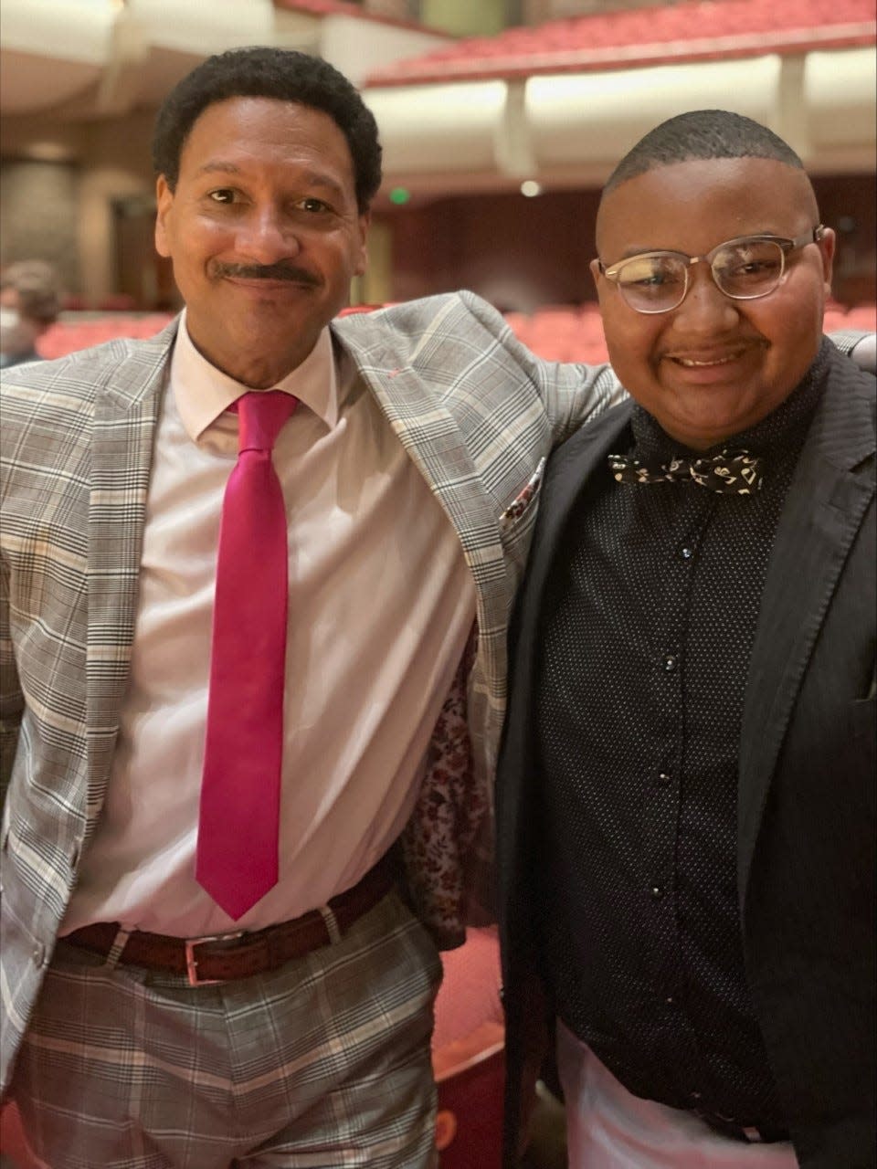 Delfeayo Marsalis with a student from Gadsden State Community College's Show Band after his concert on Oct. 14 in Birmingham.