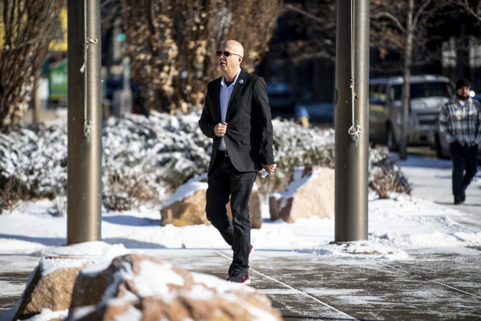Club Q co-owner Matthew Haynes arrives at the El Paso County courthouse for the second and final day of a preliminary hearing for the alleged shooter in the Club Q mass shooting Thursday, Feb. 23, 2023, in Colorado Springs, Colo. Judge Michael McHenry ruled that alleged shooter Anderson Aldrich will face a jury trial. (Parker Seibold /The Gazette via AP)