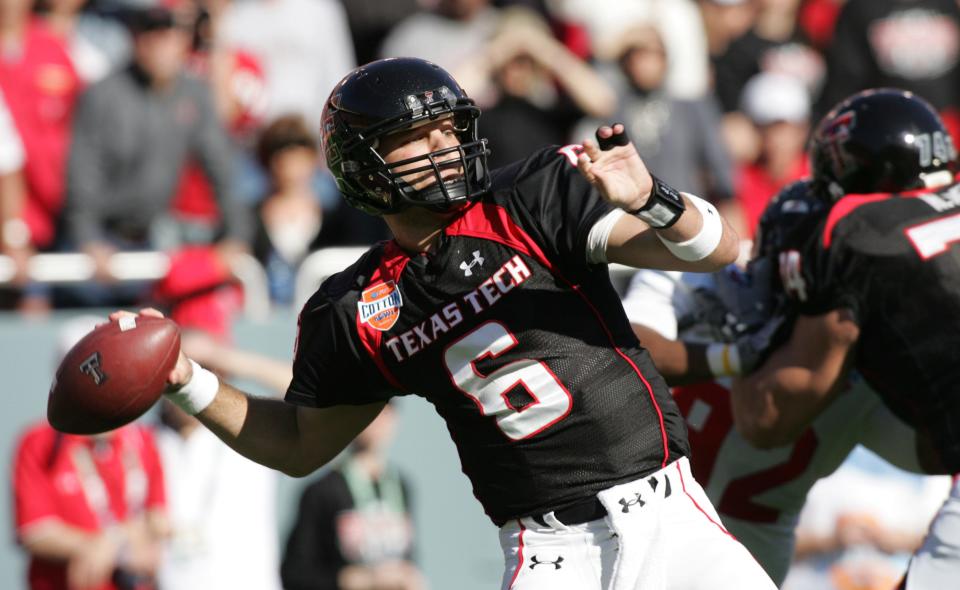 Jan 02, 2009; Dallas, TX, USA; Texas Tech Red Raiders quarterback Graham Harrell (6) throws a pass against the Mississippi Rebels during the 2009 Cotton Bowl Classic at the Cotton Bowl. Mandatory Credit: Tim Heitman-USA TODAY Sports