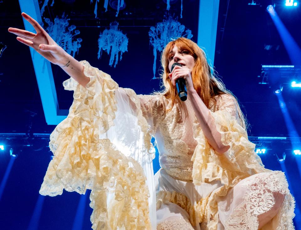 Florence Welch of Florence and the Machine sings during the band's concert on February 3, 2023, in Manchester, England.
