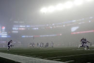 <p>Fog settles over the field during the second half of an NFL football game between the New England Patriots and the Atlanta Falcons, Sunday, Oct. 22, 2017, in Foxborough, Mass. (AP Photo/Charles Krupa) </p>