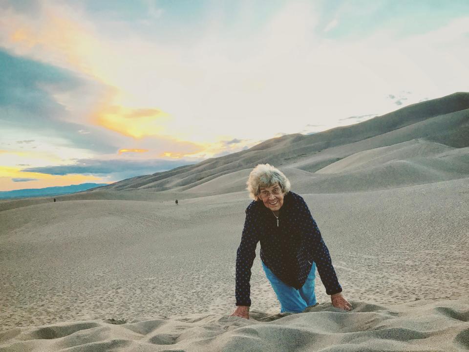 Grandma Joy crawls around at the Great Sand Dunes National Park in Colorado in August 2017.