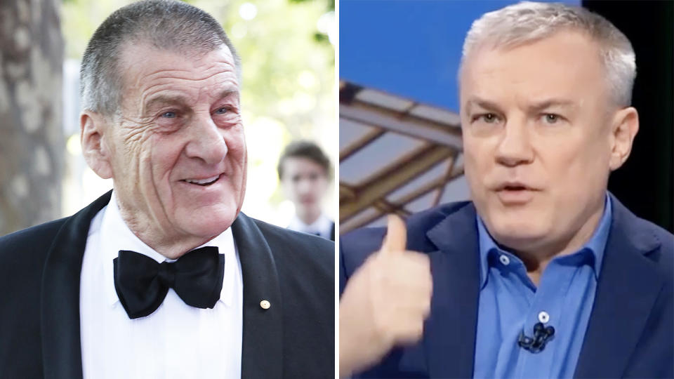 Hawthorn president Jeff Kennett and NRL journalist Paul Kent are pictured in a 50/50 split image.