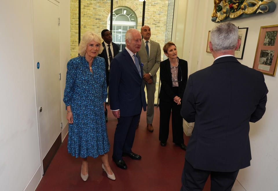 Queen Camilla visits to RADA in London, to celebrate the school's 120th anniversary in kitten heels