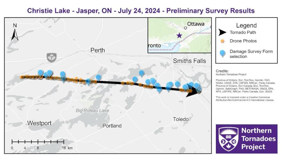 NTP mapped the tornado's tracks from its target location southwest of Perth to just south of Smith Falls.