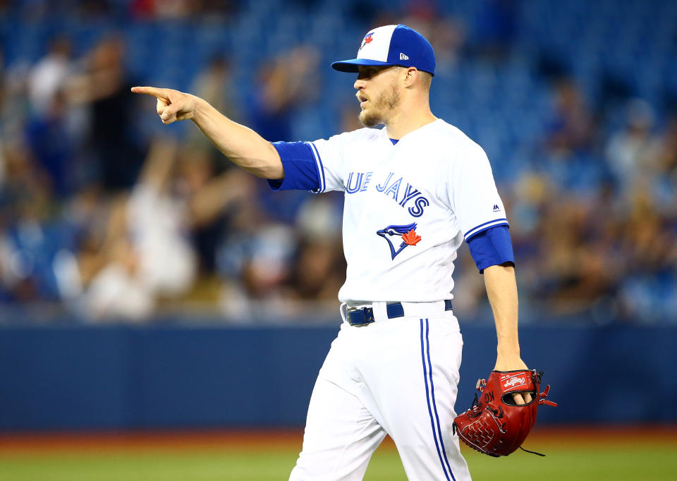 TORONTO, ON - JULY 03:  Ken Giles #51 of the Toronto Blue Jays reacts at the end of a MLB game against the Boston Red Sox at Rogers Centre on July 03, 2019 in Toronto, Canada.  (Photo by Vaughn Ridley/Getty Images)