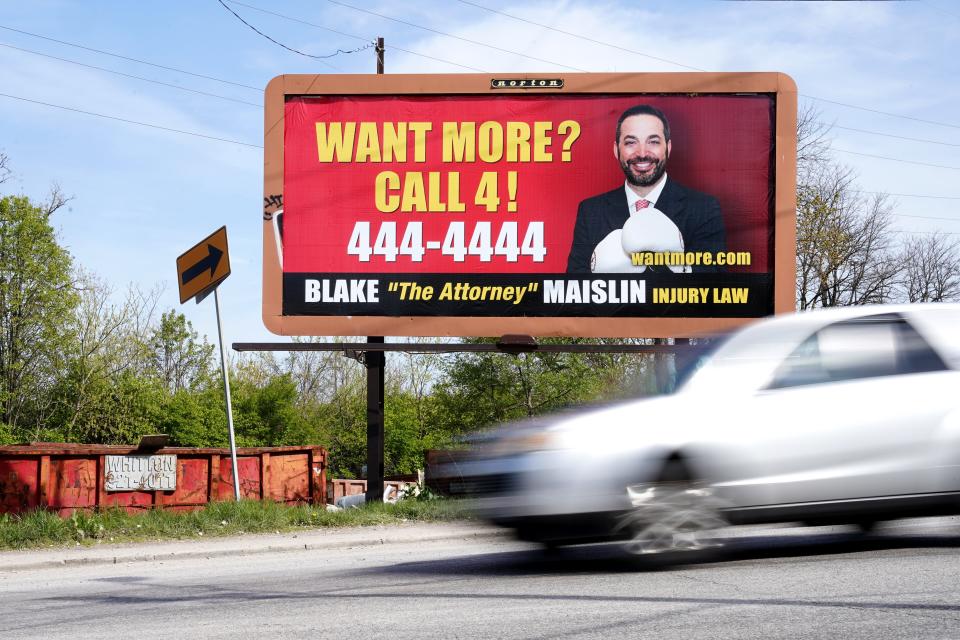 A billboard featuring local attorney Blake Maislin, pictured, Wednesday, April 20, 2022, along State Avenue in Cincinnati.