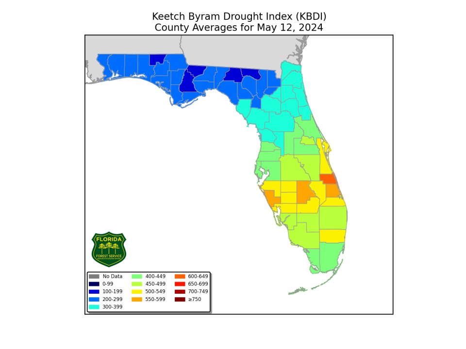 Keetch-Bryam Drought Index for Florida as of May 12, 2024, shows Indian River County the driest county in Florida.