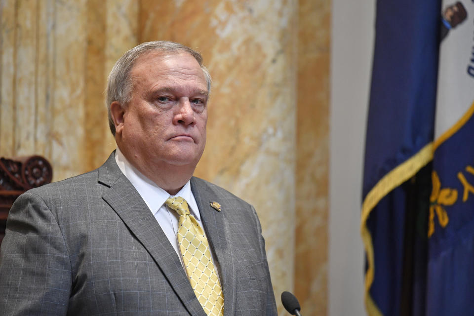 Kentucky Senate President Robert Stivers looks out over the Senate body during their session at the Kentucky State Capitol in Frankfort, Ky., Wednesday, March 29, 2023. (AP Photo/Timothy D. Easley)