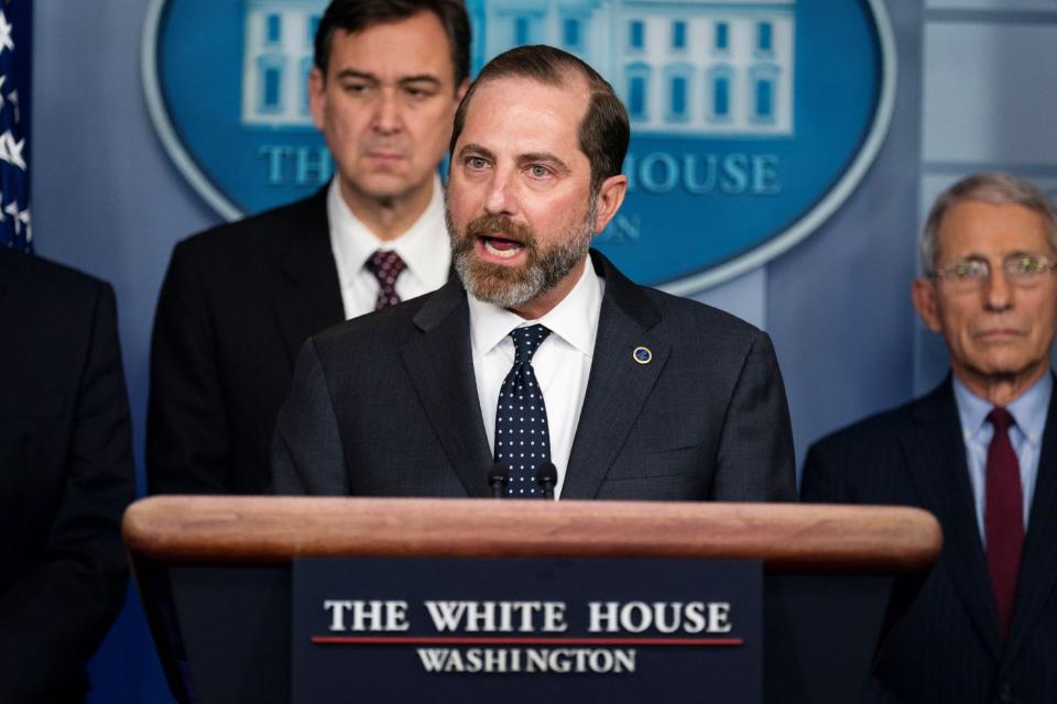 Secretary of Health and Human Services Alex Azar speaks during a press briefing on the coronavirus, in the briefing room of the White House, Friday, Jan. 31, 2020, in Washington.