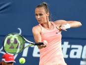 Aug 9, 2017; Toronto, Ontario, Canada; Magdalena Rybarikova of Slovakia plays a shot against Simona Halep of Romania (not pictured) during the Rogers Cup tennis tournament at Aviva Centre. Mandatory Credit: Dan Hamilton-USA TODAY Sports