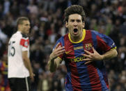 FILE - In this May 28, 2011 file photo, Barcelona's Lionel Messi celebrates scoring against Manchester United during their Champions League final soccer match at Wembley Stadium, London. L is for Lionel Messi. The driving force behind Barcelona's most recent successes, Lionel Messi's current total of 114 goals is second only to Cristiano Ronaldo, and sets them both up as the joint greatest players of this generation. (AP Photo/Matt Dunham, File)