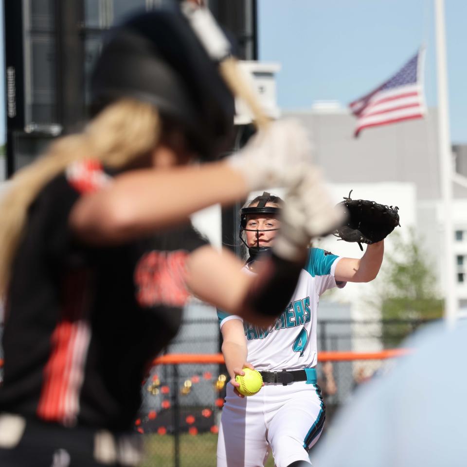 Plymouth South pitcher Elli Cicchetti delivers a pitch to Middleboro batter Cassidy Machado during a game  on Wednesday, May 25, 2022.